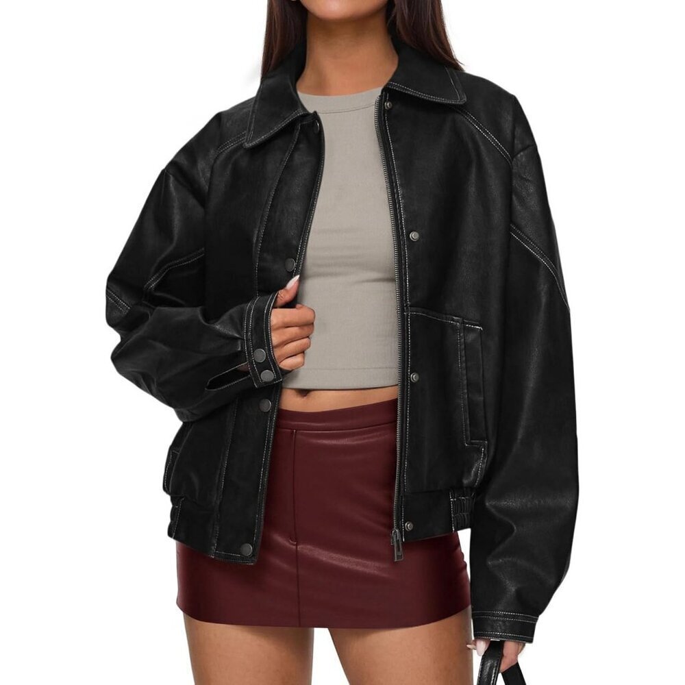 🆕Women's Black Faux Leather Jacket with Button Details and Relaxed Fit